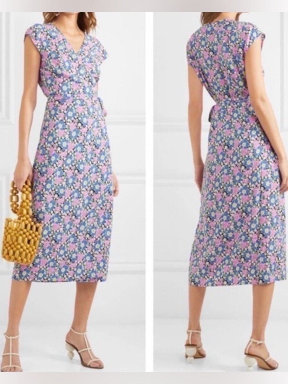 J. Crew Fabrizia Blue Pink Jersey Midi Ditsy Floral Wrap Retro Midi Dress